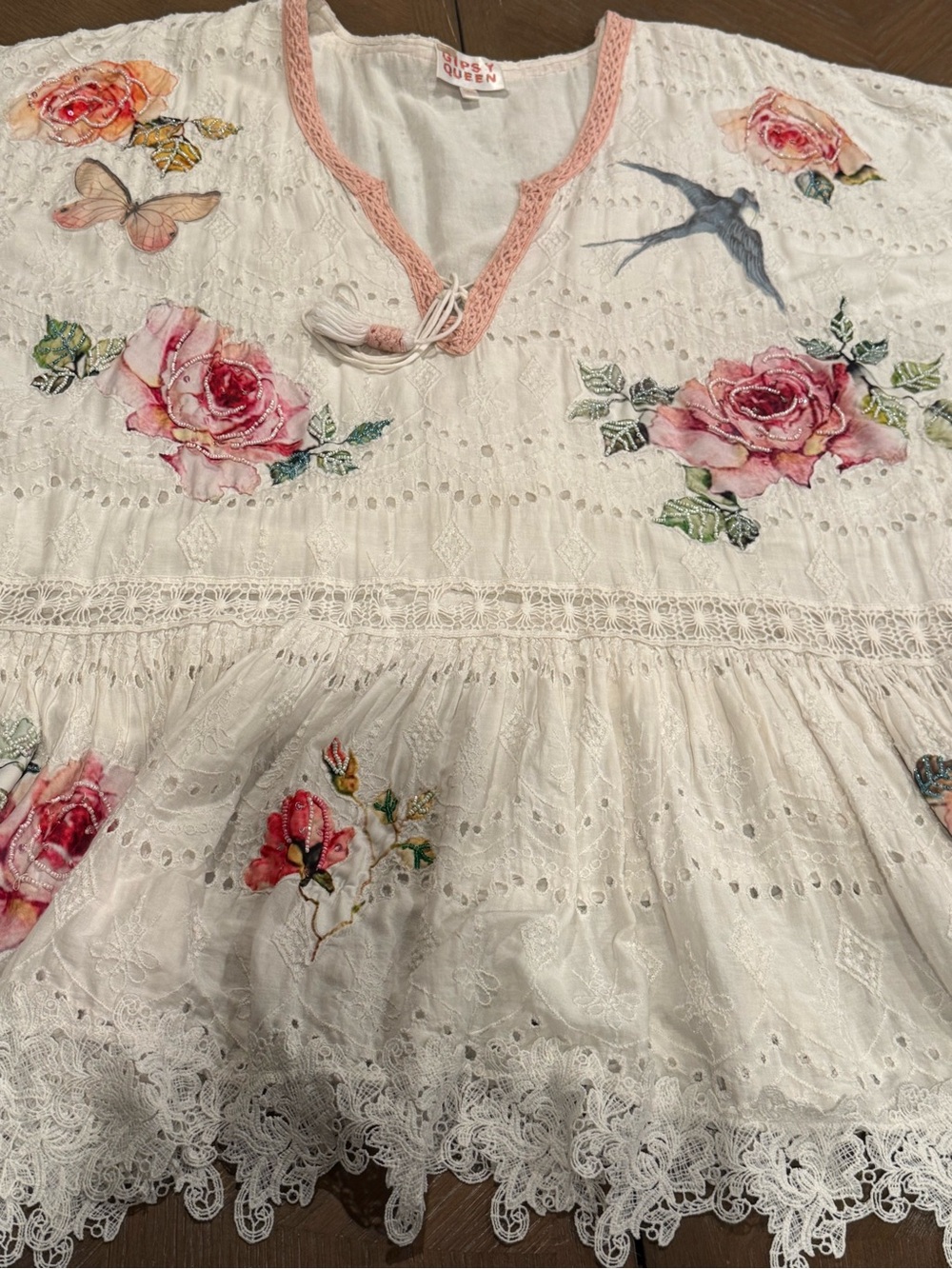 Gypsy Queen Beaded Lace Floral Boho Tunic Top M/L Cottagecore Romantic - Picture 7 of 7
